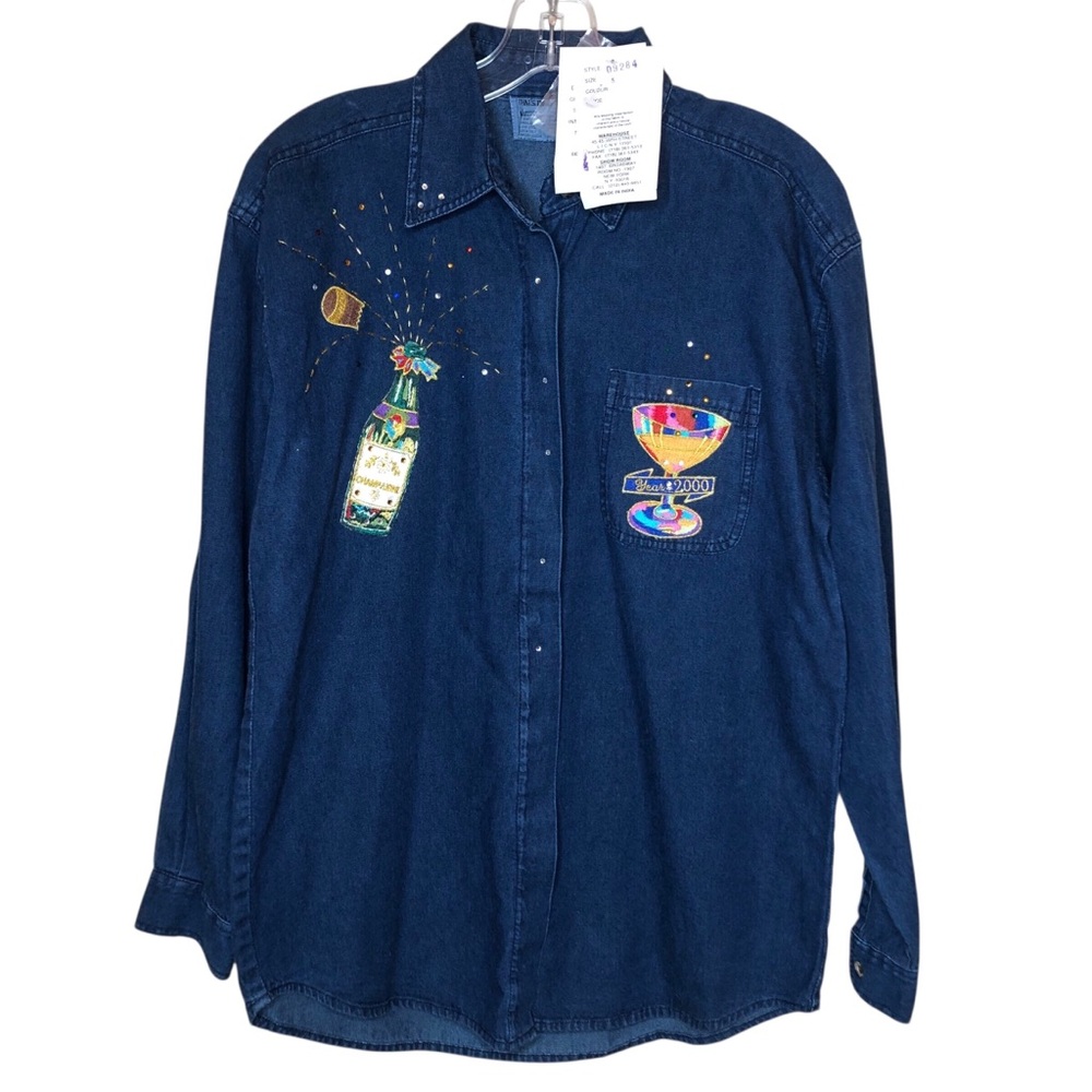 Y2K Vintage Denim Shirt New Years Eve 2000 Size Small Champagne Party NOS NWT